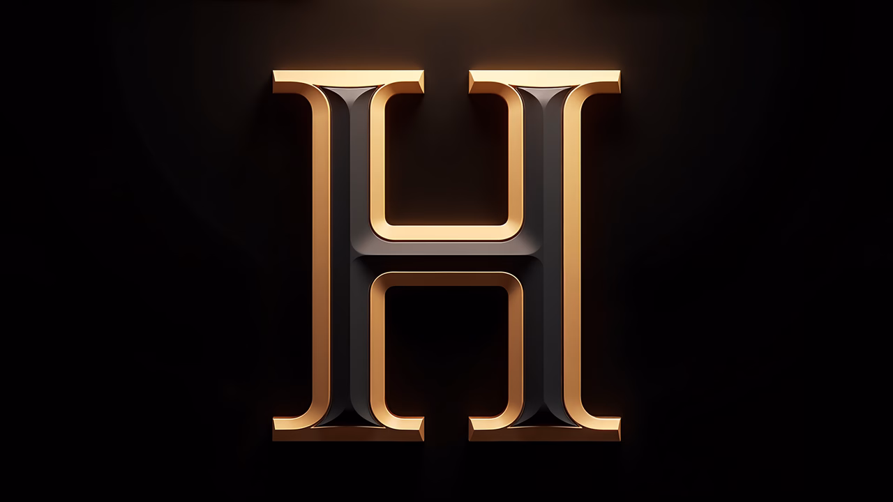 Bold gold letter 'H' on a black background