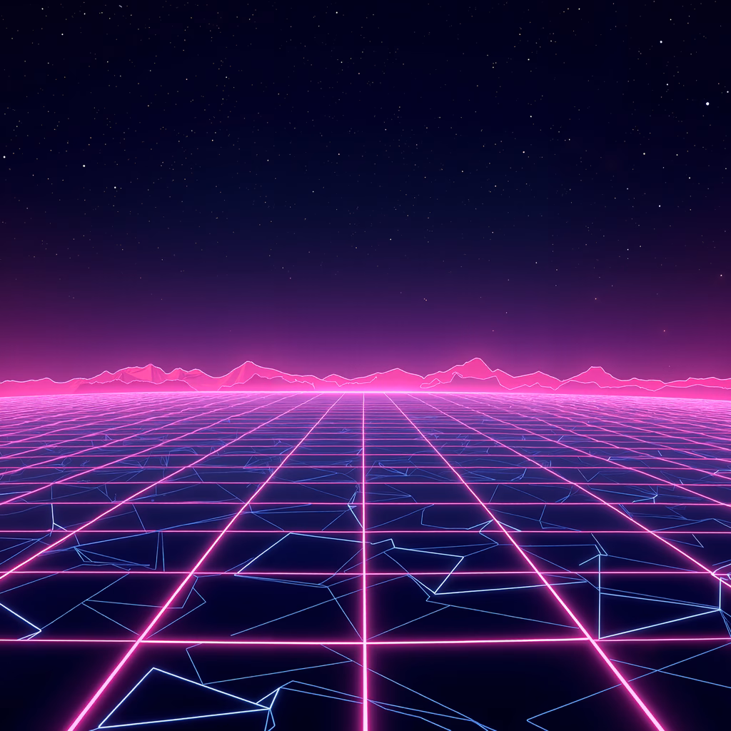 Futuristic neon grid landscape under a starry sky, evoking a cyberpunk vibe.