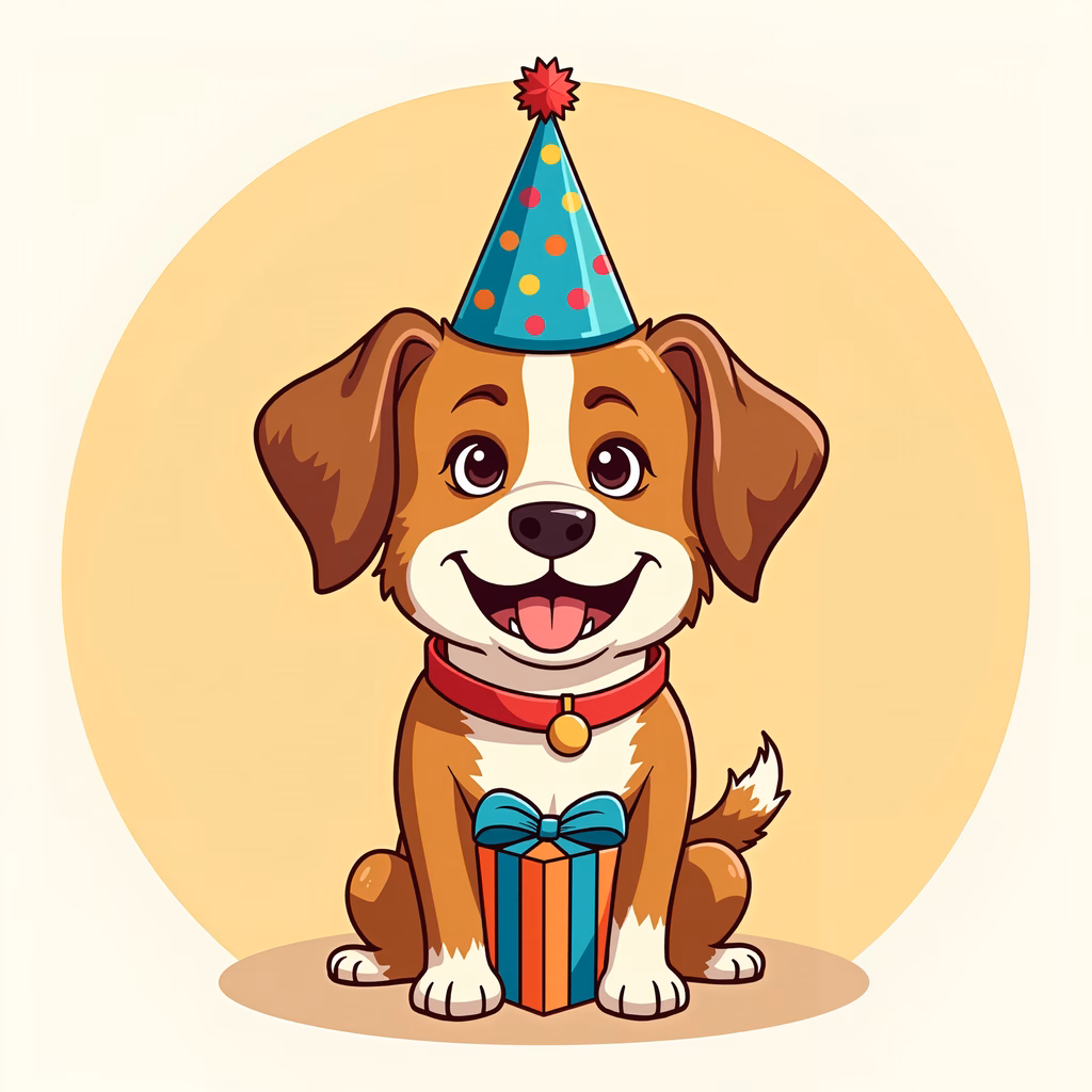 A cute puppy wearing a party hat and holding a colorful gift, celebrating joyfully.