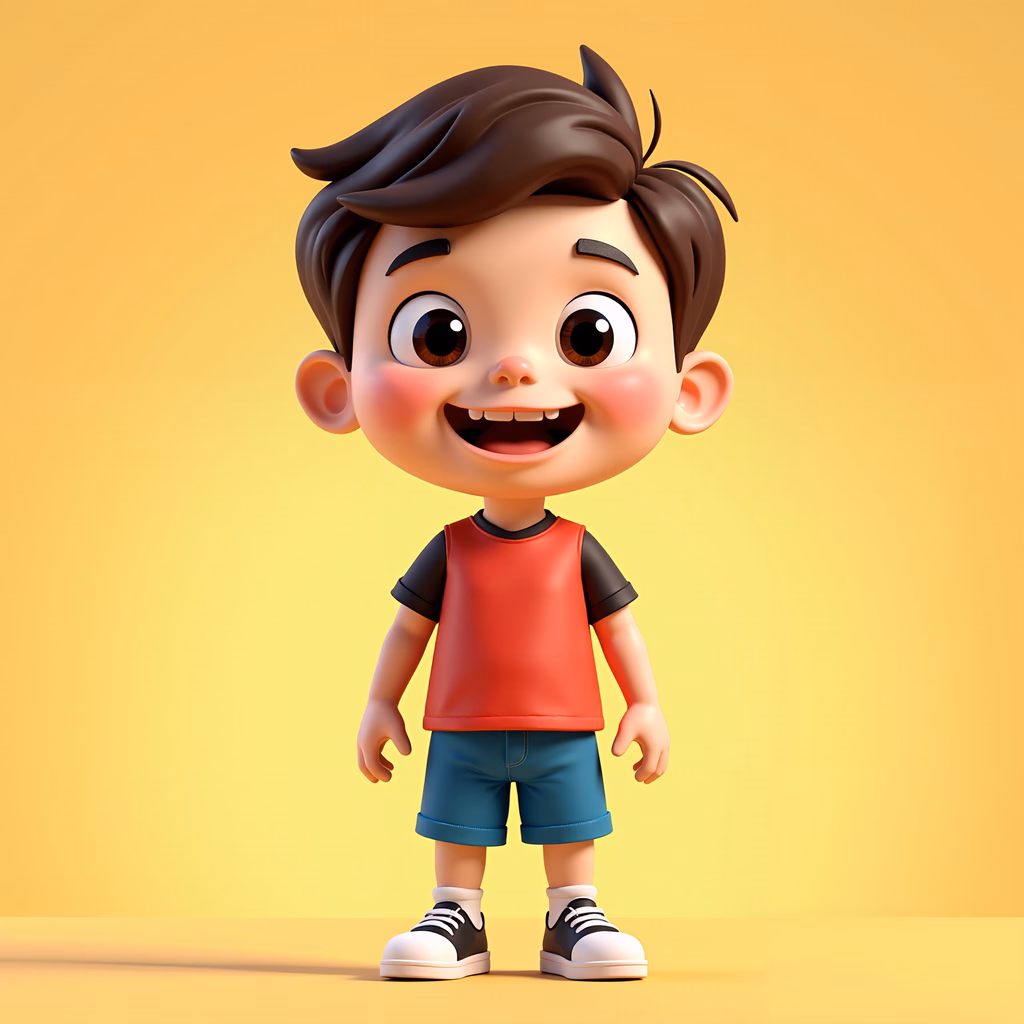 Brightly colored cartoon boy smiling joyfully.