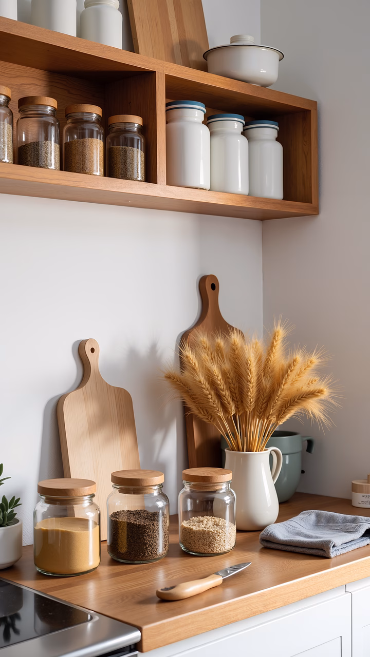 A tranquil kitchen corner with wooden shelves, spice jars, and a rustic cutting board.