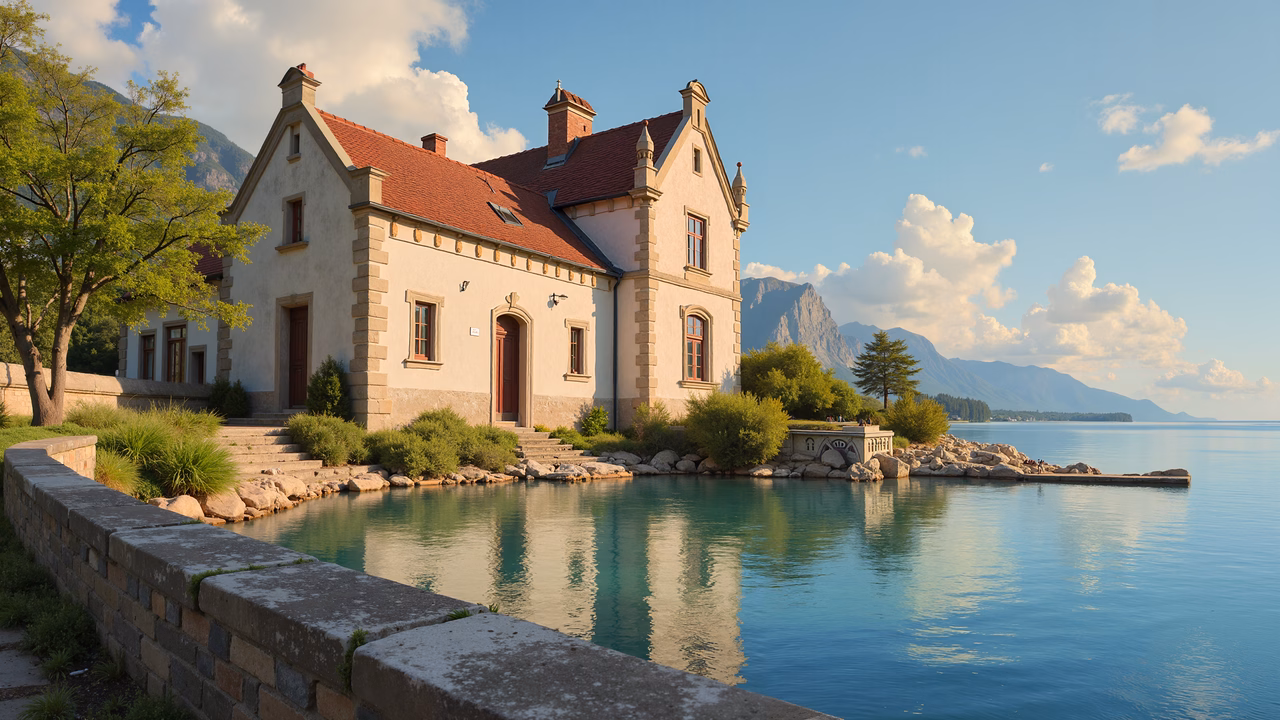A picturesque lakeside mansion with a red-tiled roof and stone walls, surrounded by lush greenery and reflected in the calm waters of Lake Geneva.