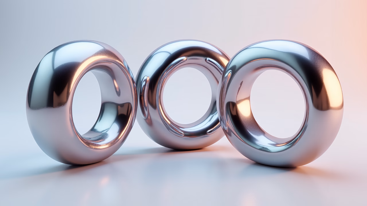 Minimalist metallic rings illustration with smooth textures and light reflections.