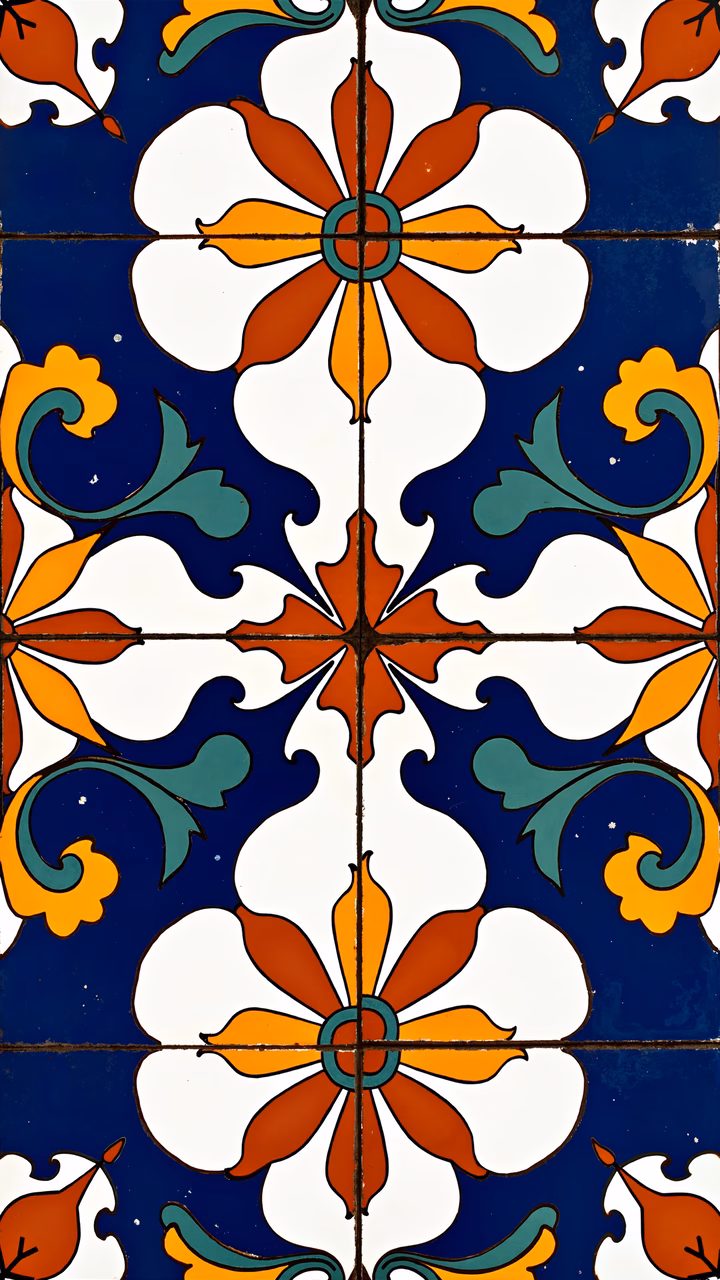 Vibrant Mexican tile pattern with bold colors and intricate designs.