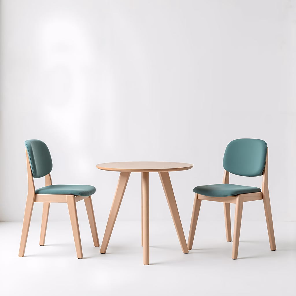 Modern minimalist dining set with teal chairs and light wood table, minimalist design, clean lines, serene atmosphere.