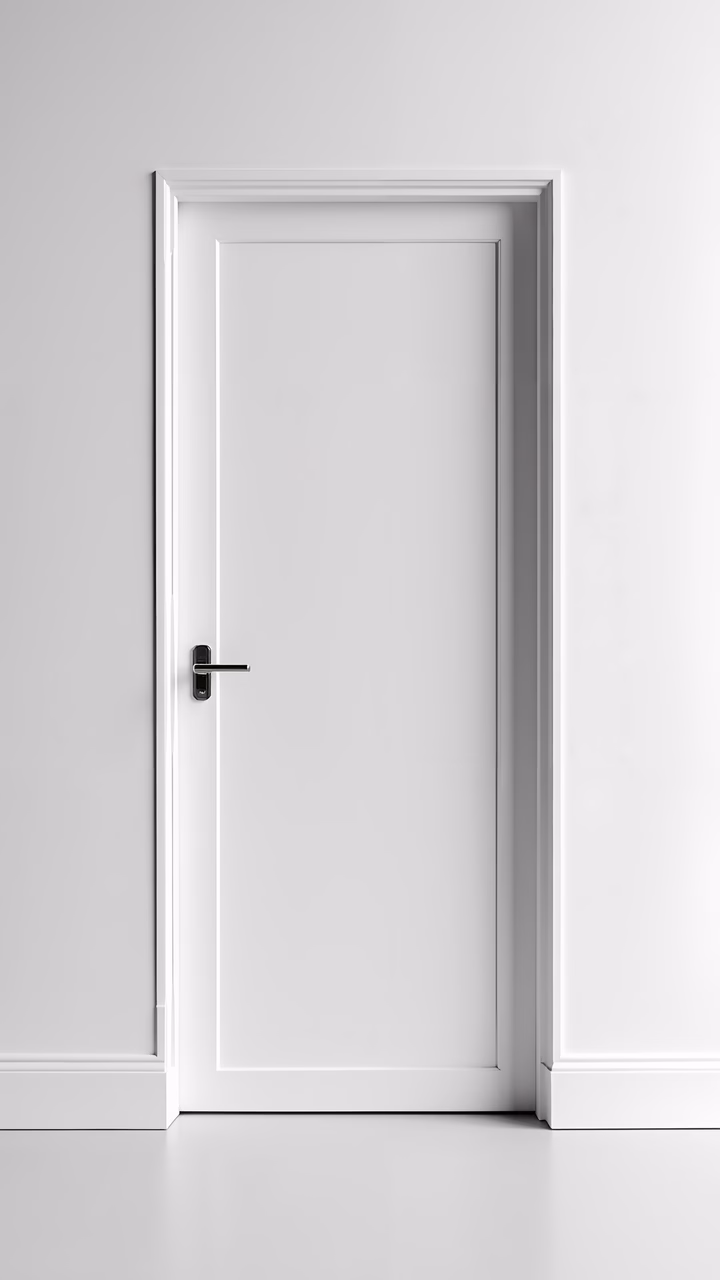 Minimalist illustration of a closed door in a serene setting.