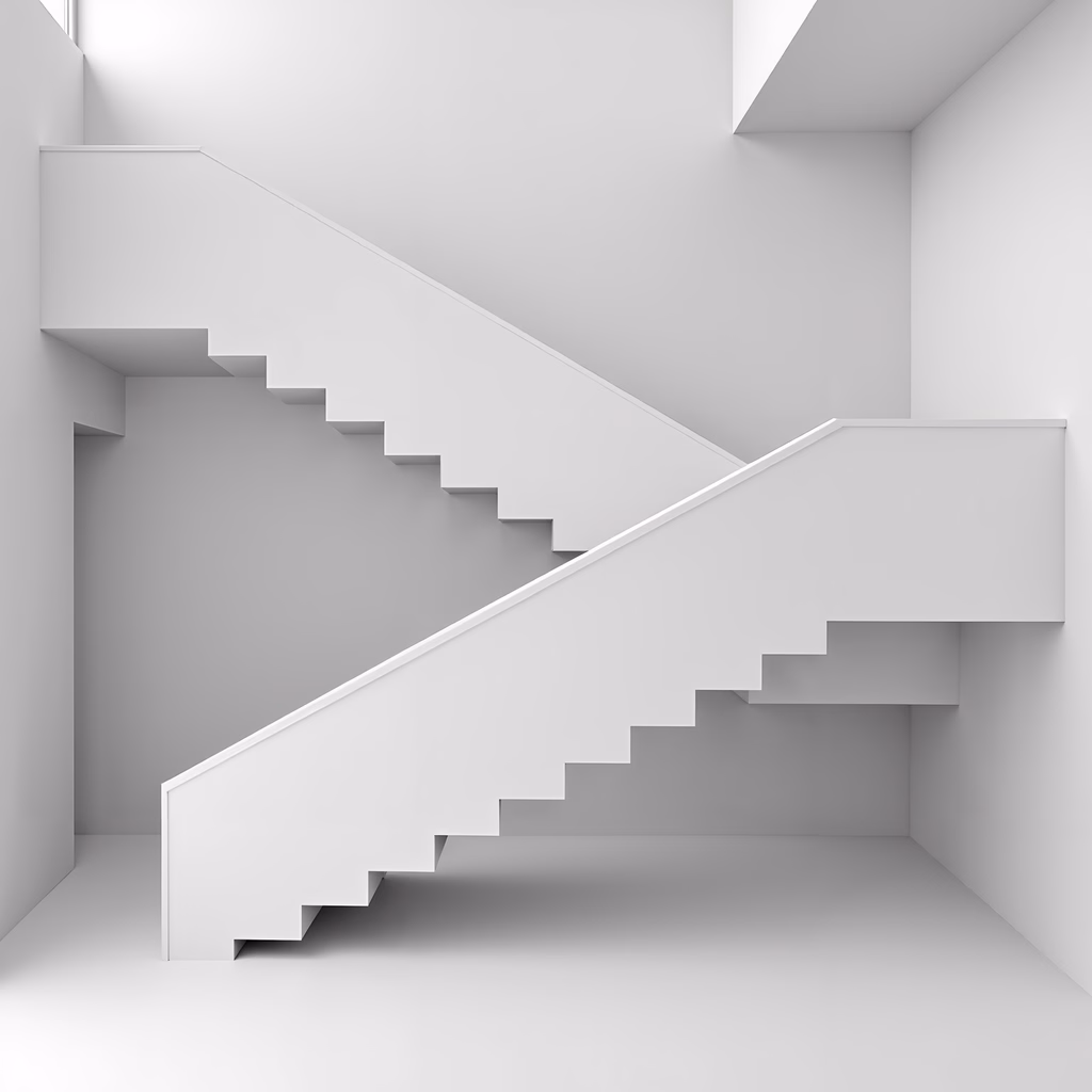 Minimalist staircase design in grayscale, emphasizing simplicity and geometric precision.