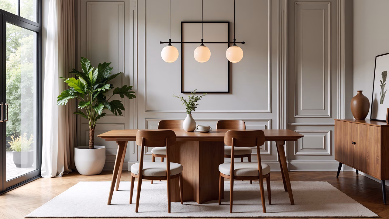 Modern dining room with wooden furniture and natural light