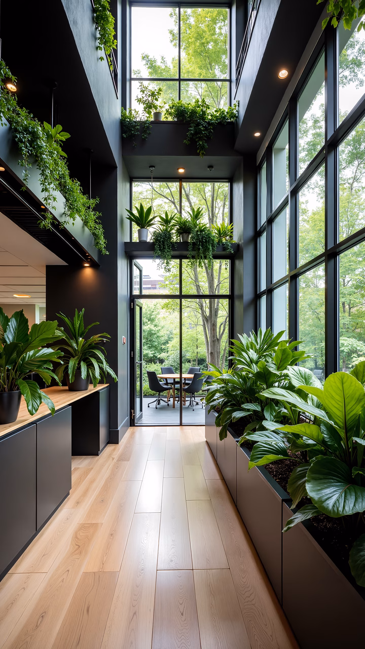 Modern interior with vertical gardens and large windows, creating a serene and inviting atmosphere.
