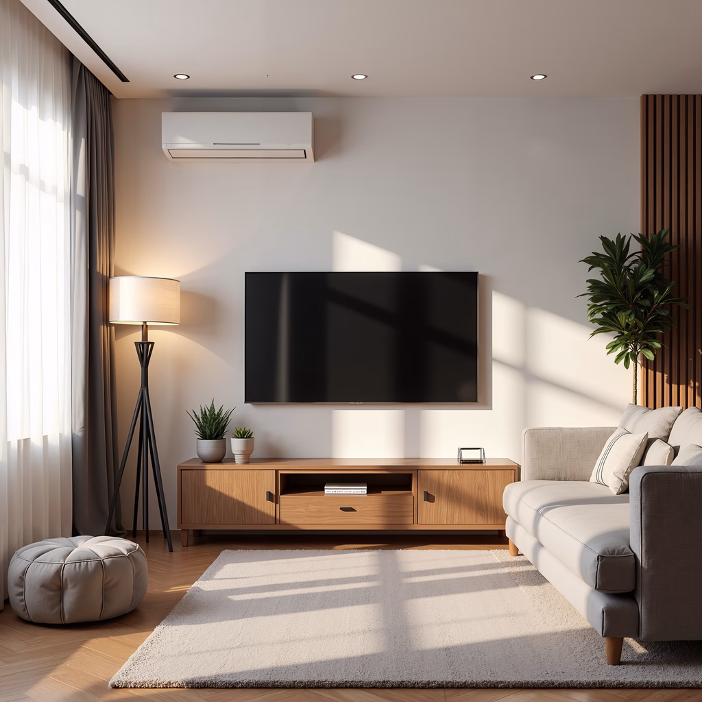 Minimalist modern living room with natural light and contemporary furniture.