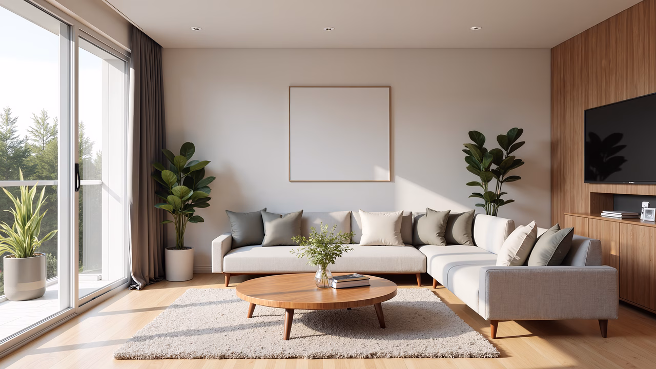 Minimalist modern living room with natural light and indoor plants.
