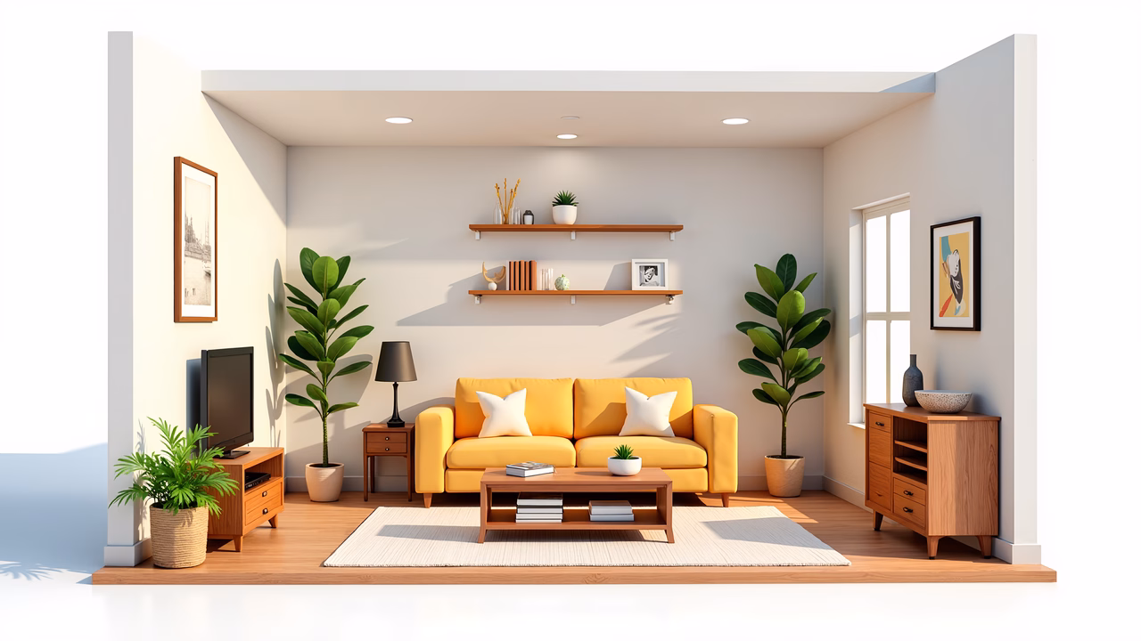 A modern living room with a yellow sofa, green plants, and wooden furniture, illuminated by natural light.