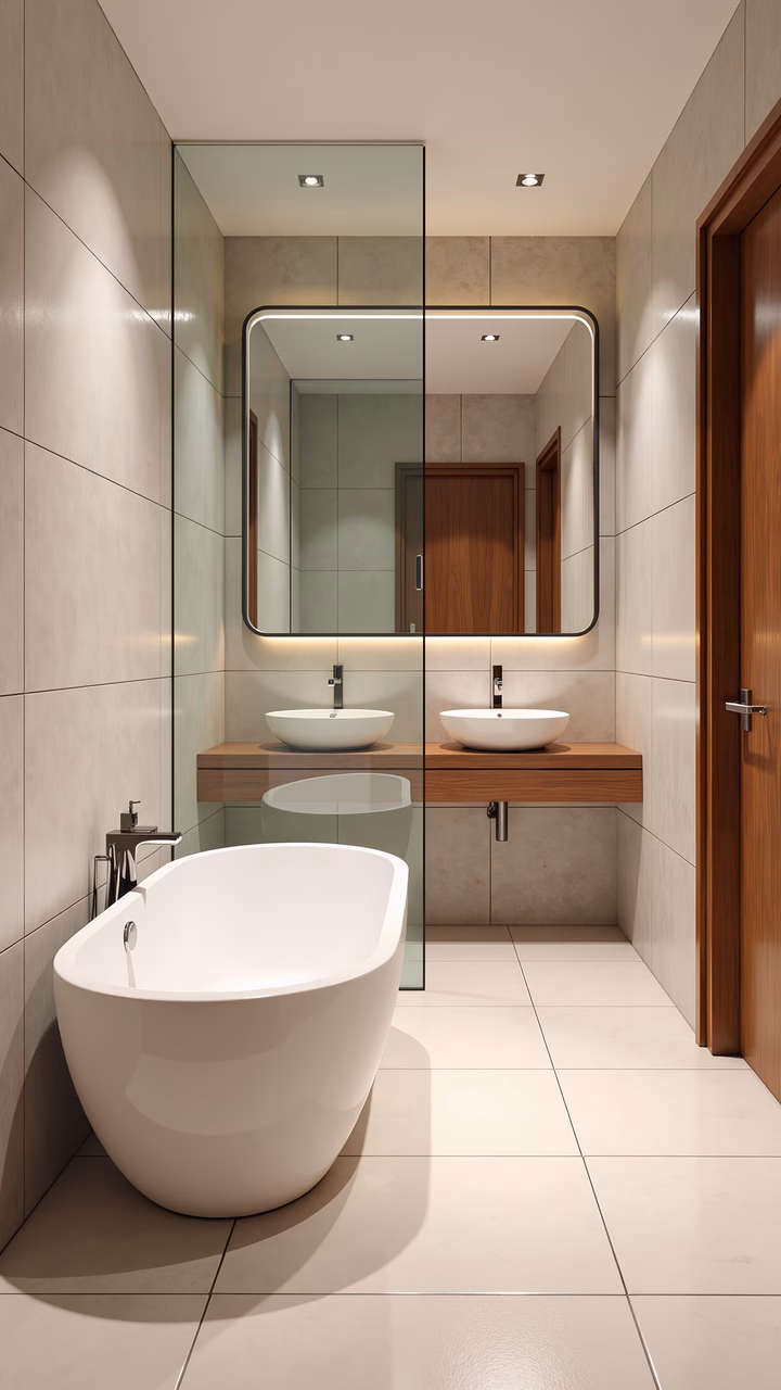 Modern minimalist bathroom with sleek white fixtures and warm wooden accents.