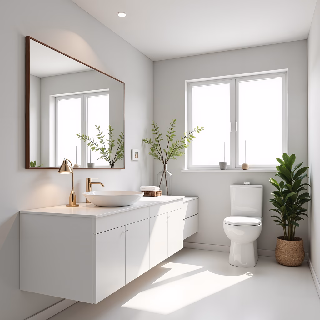 A serene modern minimalist bathroom with clean lines and natural greenery.