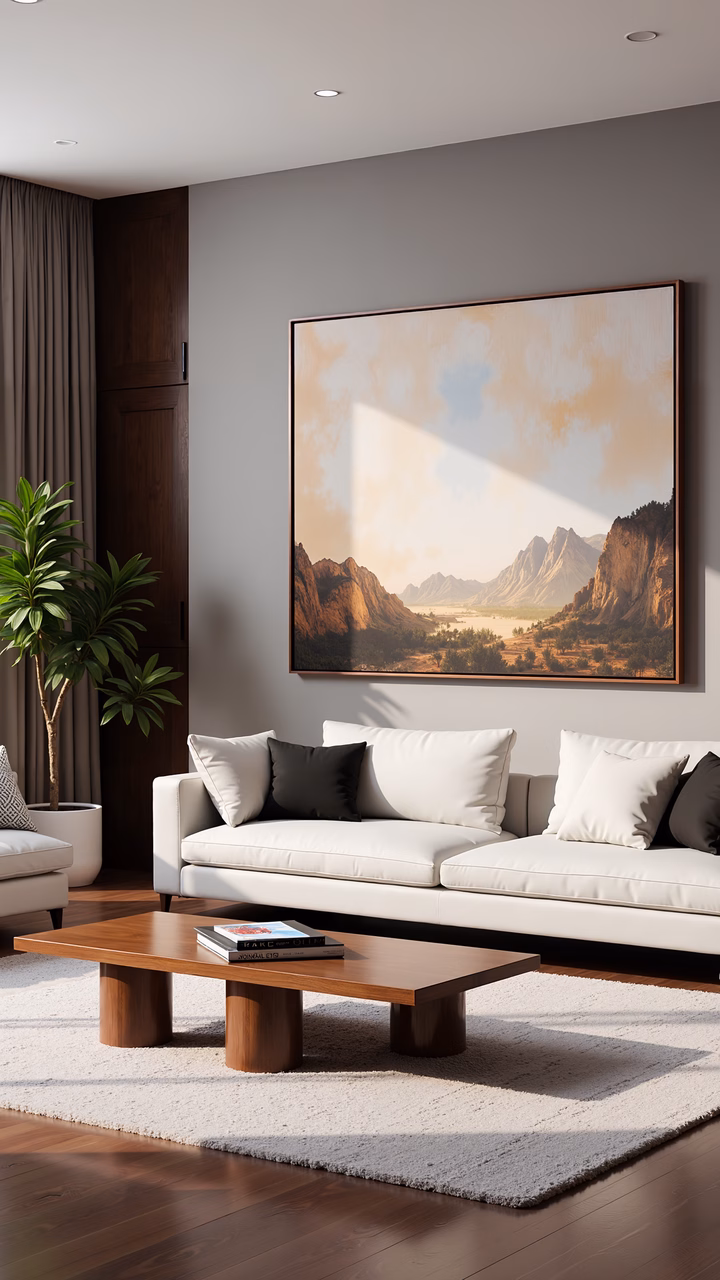 A modern minimalist living room with a sleek white sofa, a rugged mountain landscape painting, and a warm, inviting ambiance.