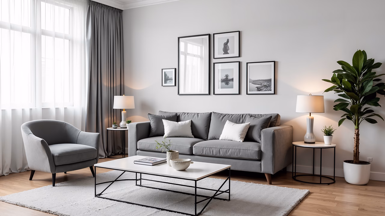 A serene, modern living room with neutral tones and minimalist design.