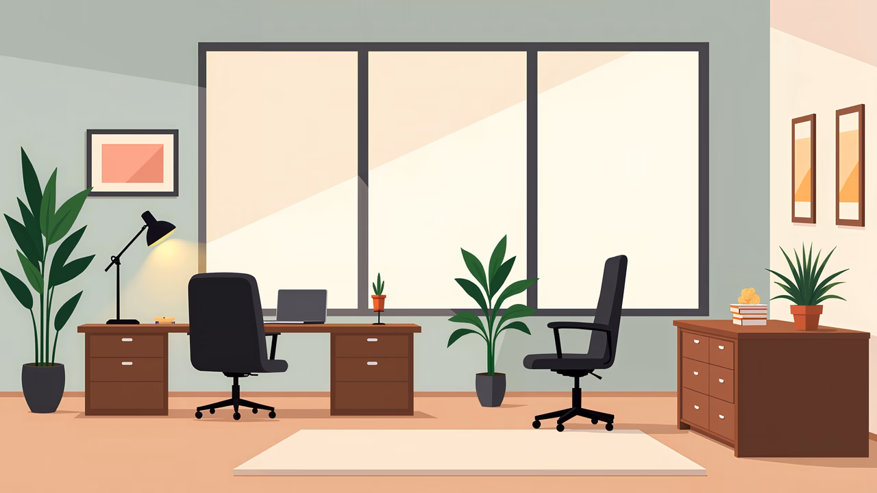 Minimalist modern office design with natural light and indoor plants.