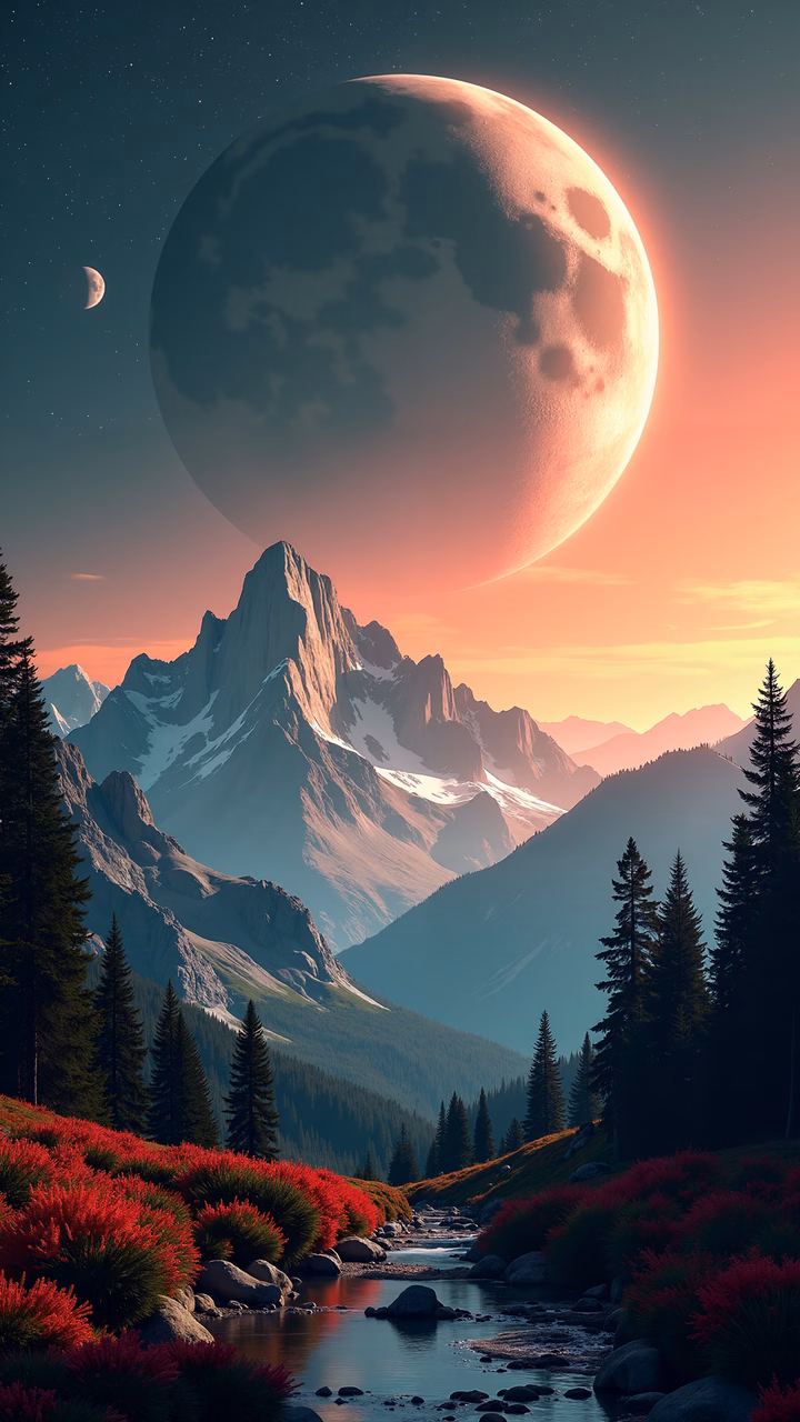 A tranquil moonlit landscape featuring majestic mountains and vibrant red bushes.