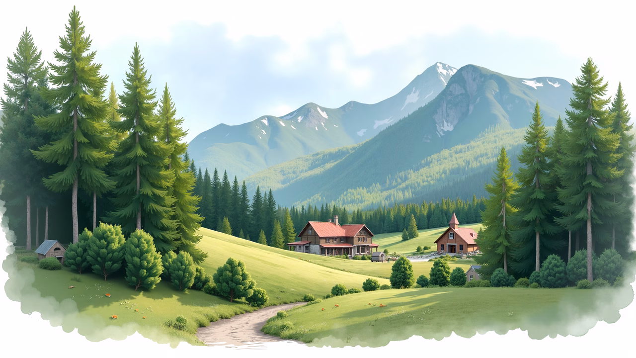 A peaceful mountain retreat surrounded by lush greenery and majestic mountains.