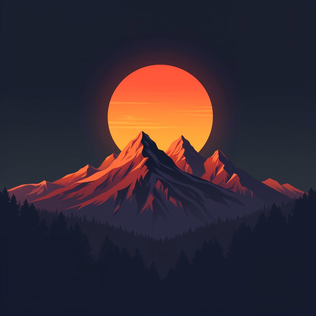 A serene sunset over majestic mountains, captured in a vibrant illustration.