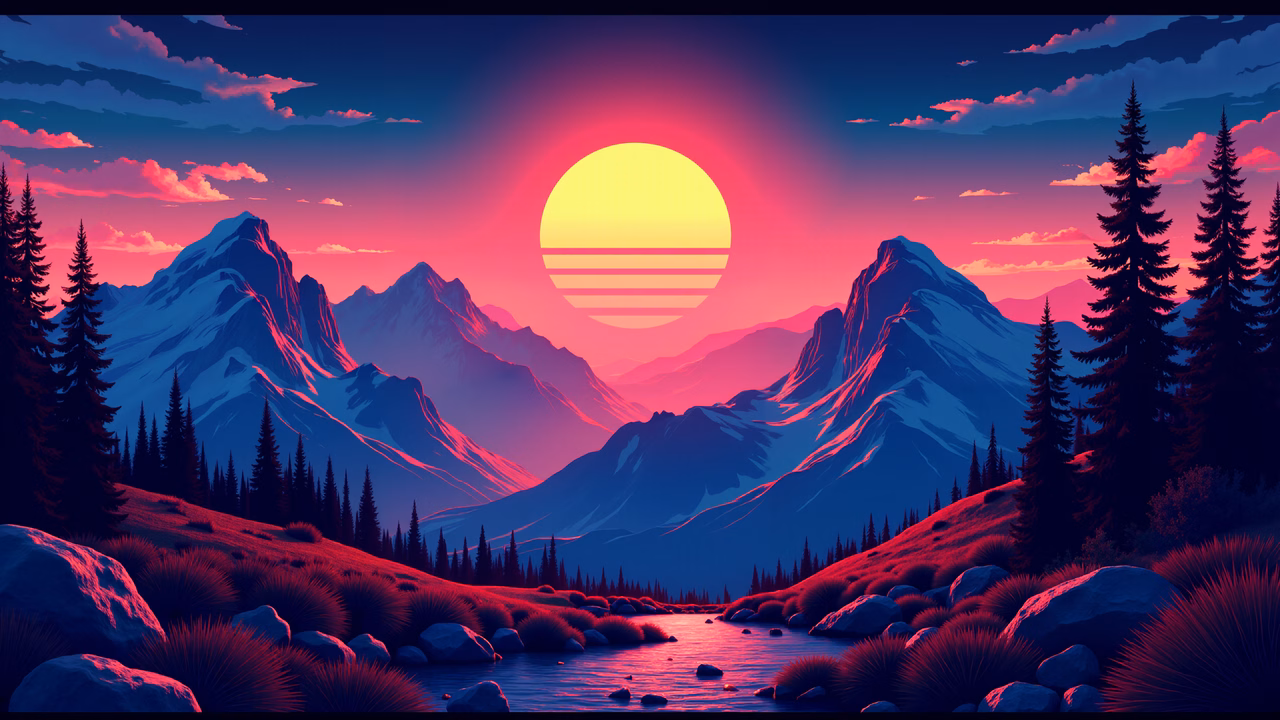 A stunning illustration of a mountain sunset with vibrant colors and serene landscapes.