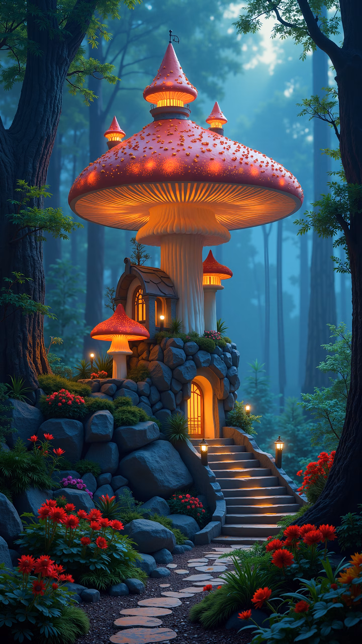 Whimsical mushroom house in a magical forest setting