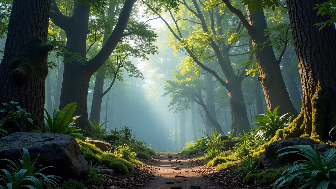 A mystical forest path surrounded by lush greenery and diffused sunlight.