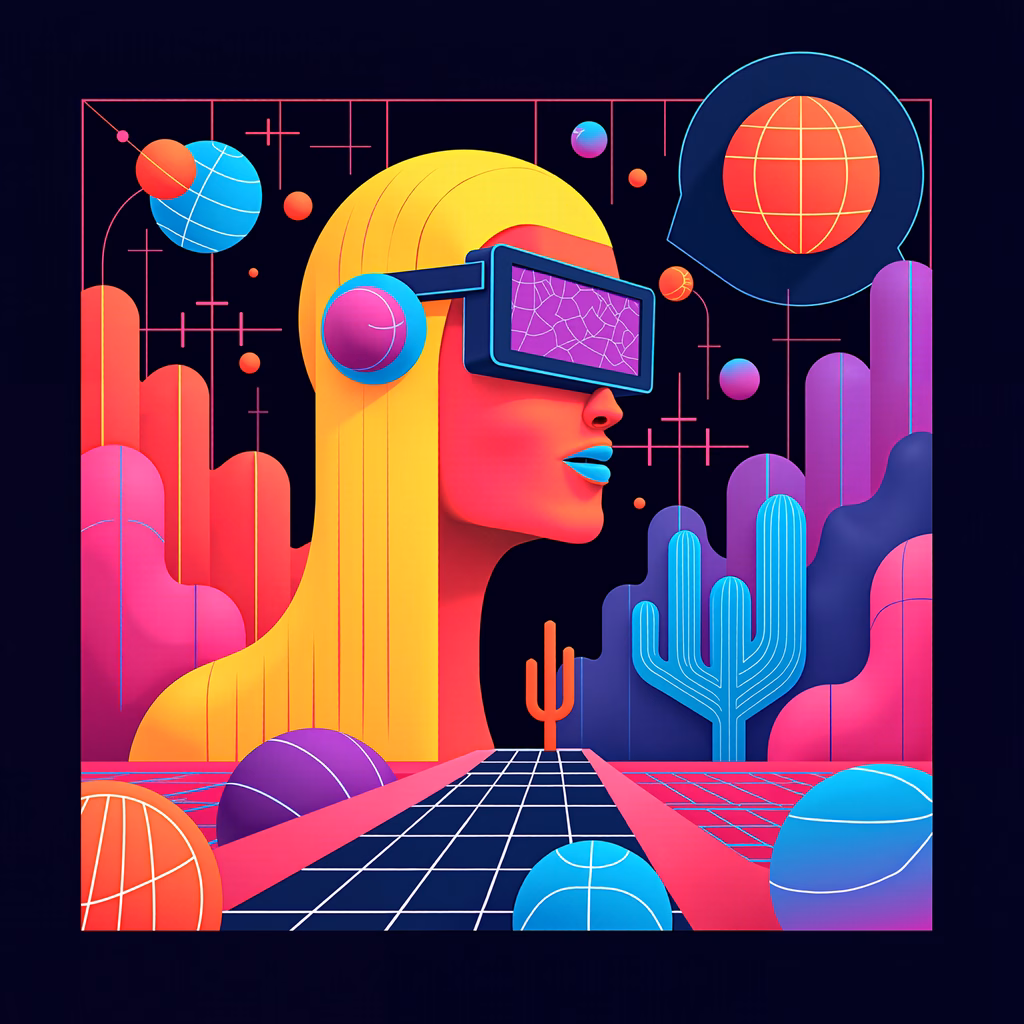 Vibrant neon desert scene with retro sunglasses and surreal cacti.