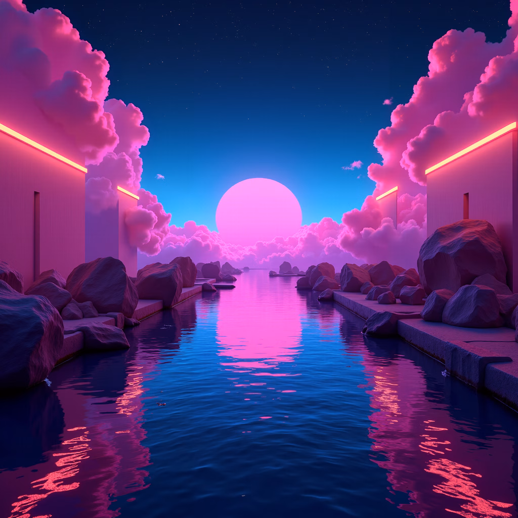 A mesmerizing neon-lit landscape with a glowing sun and minimalist architecture.