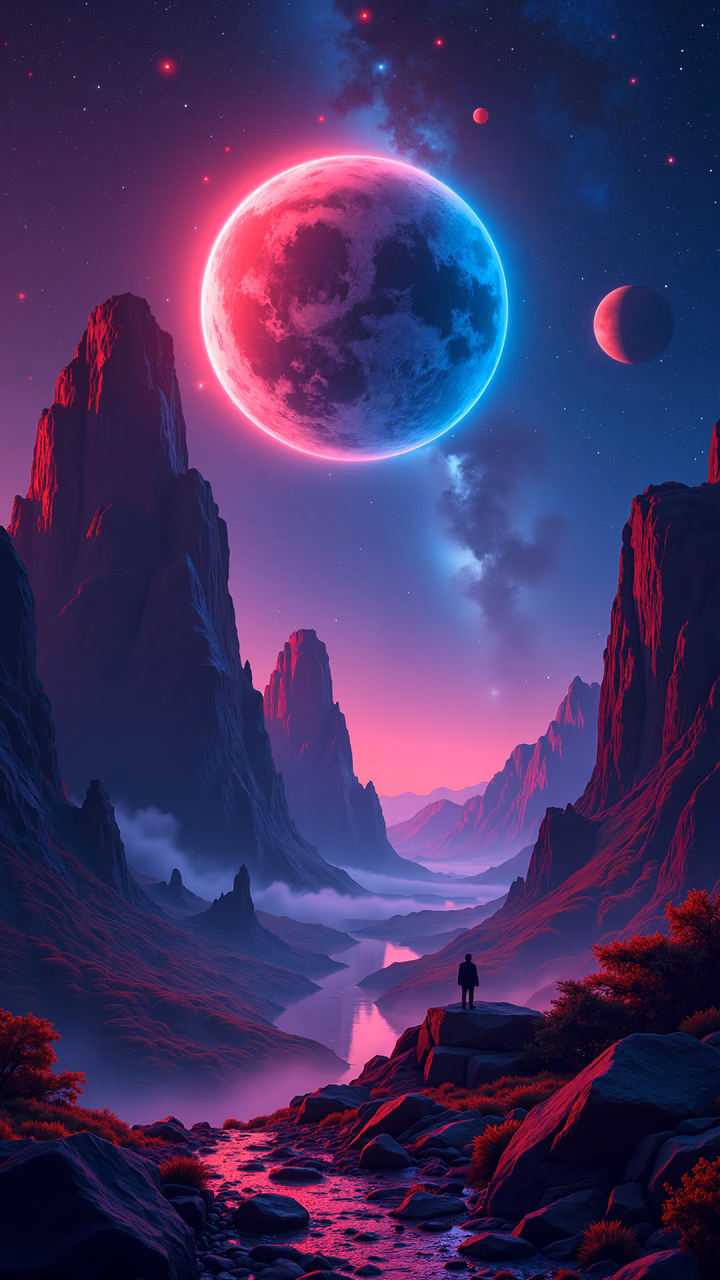 A lone figure in a neon-lit, sci-fi landscape under a glowing moon.