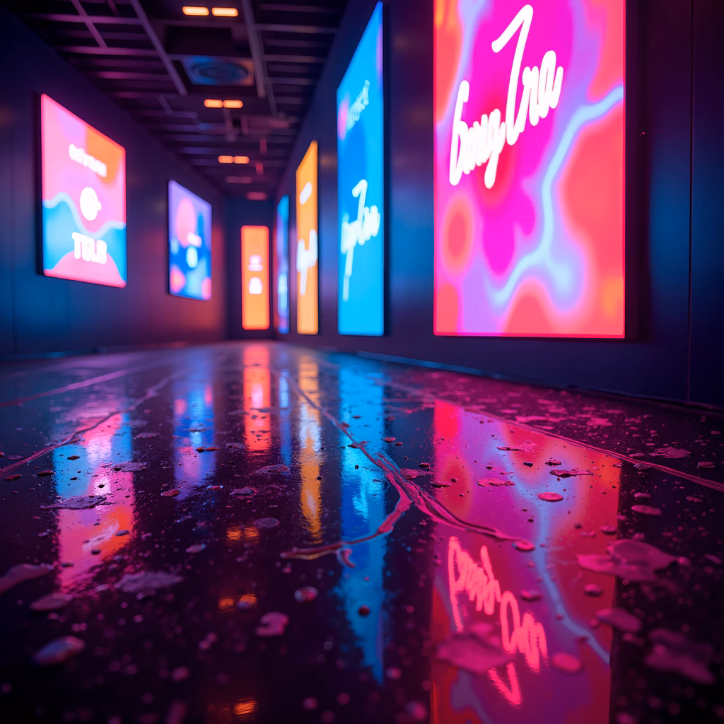 Vibrant neon-lit corridor with reflective wet floors and abstract patterns on screens.