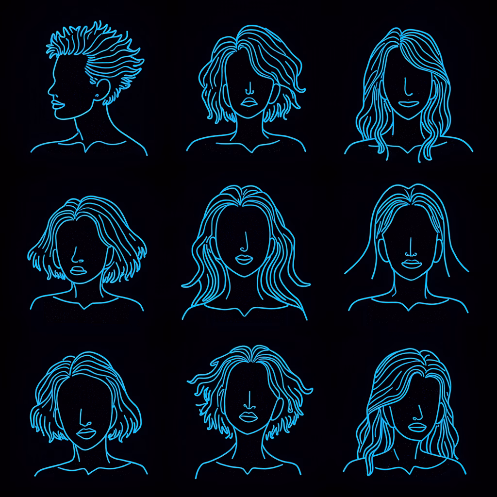 Nine neon blue line portraits on a black background, minimalist and modern.