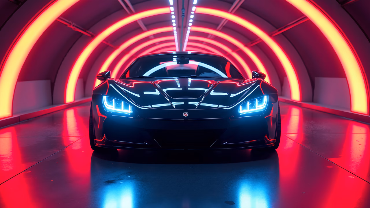Futuristic car in a neon-lit tunnel, showcasing speed and innovation.