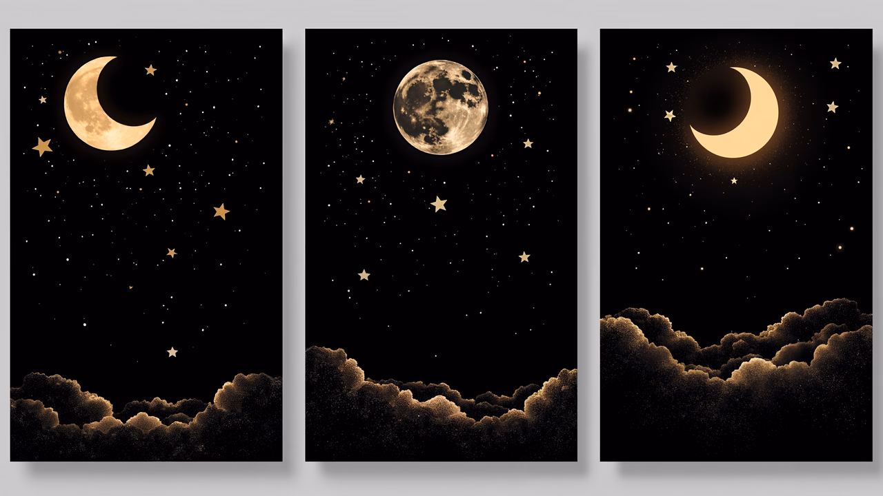 A tranquil night sky triptych featuring moons and stars in a golden hue.