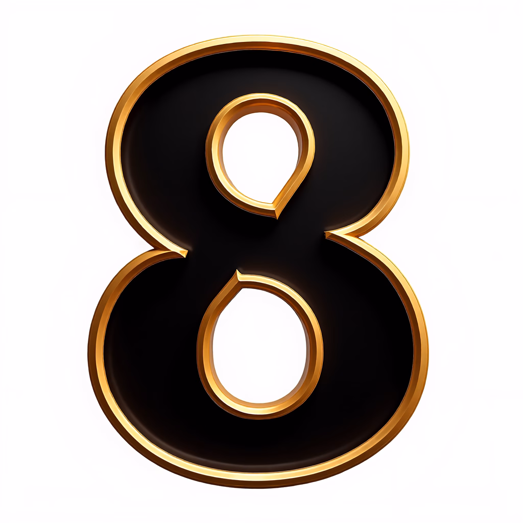 Bold, three-dimensional number eight with a glossy black background and golden border.