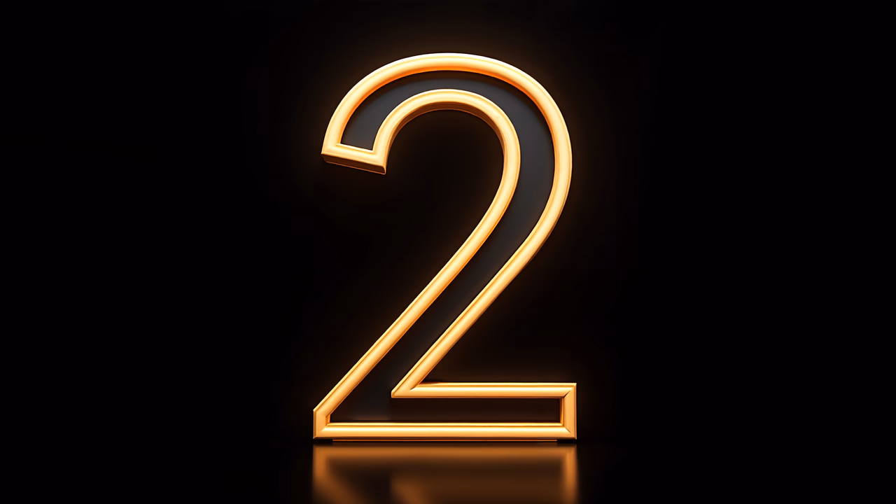 Bold, metallic gold number '2' on a black background, elegant and modern.
