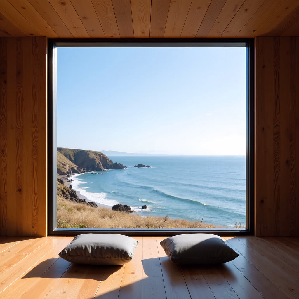 Minimalist interior with ocean view through wooden frame