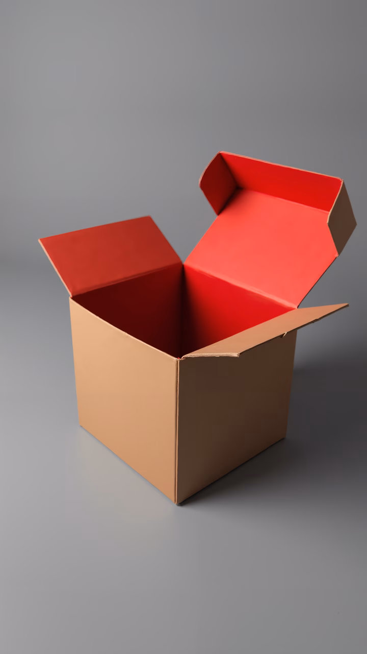 An open cardboard box with a red interior, set against a gray background.