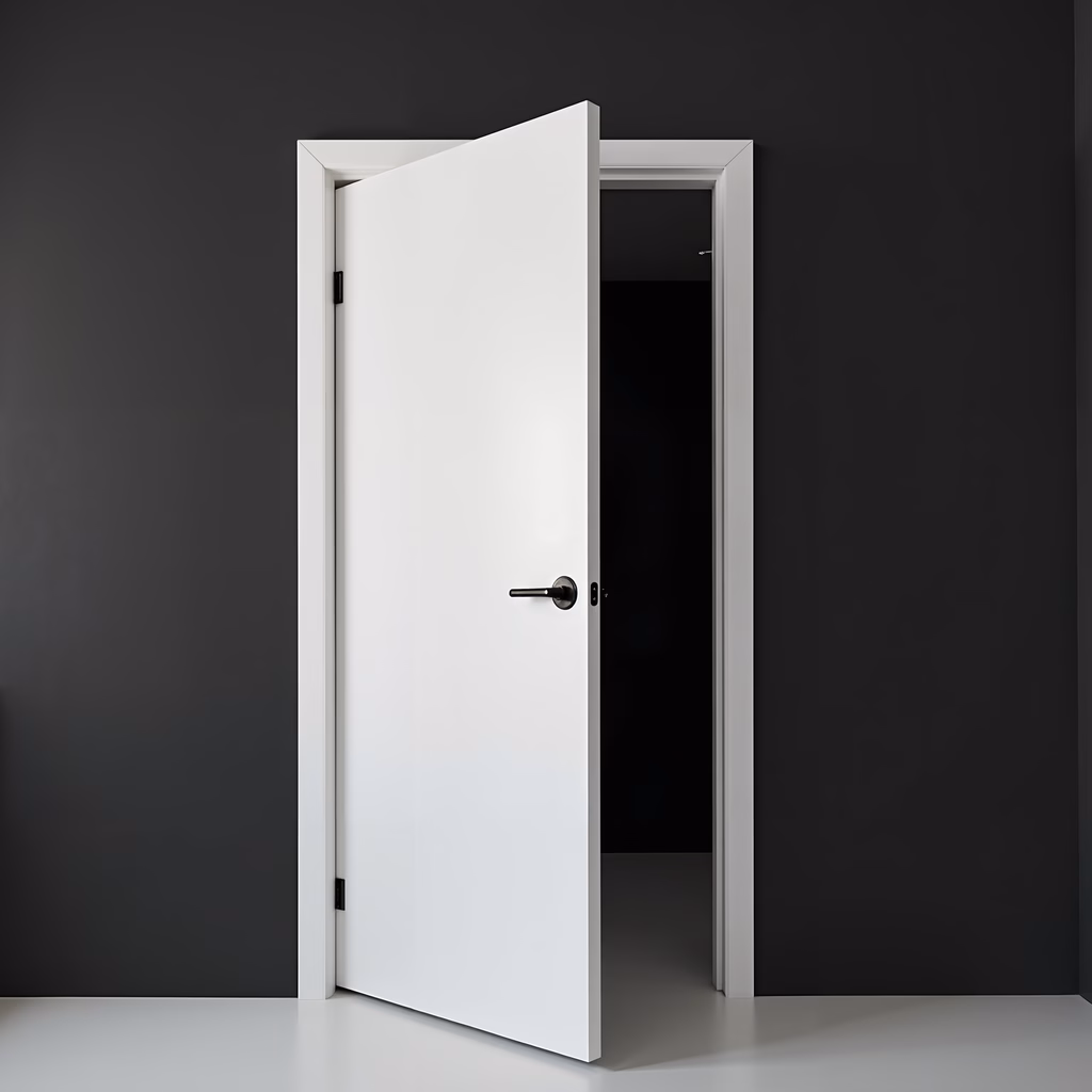 Minimalist white door against a black wall, inviting curiosity.