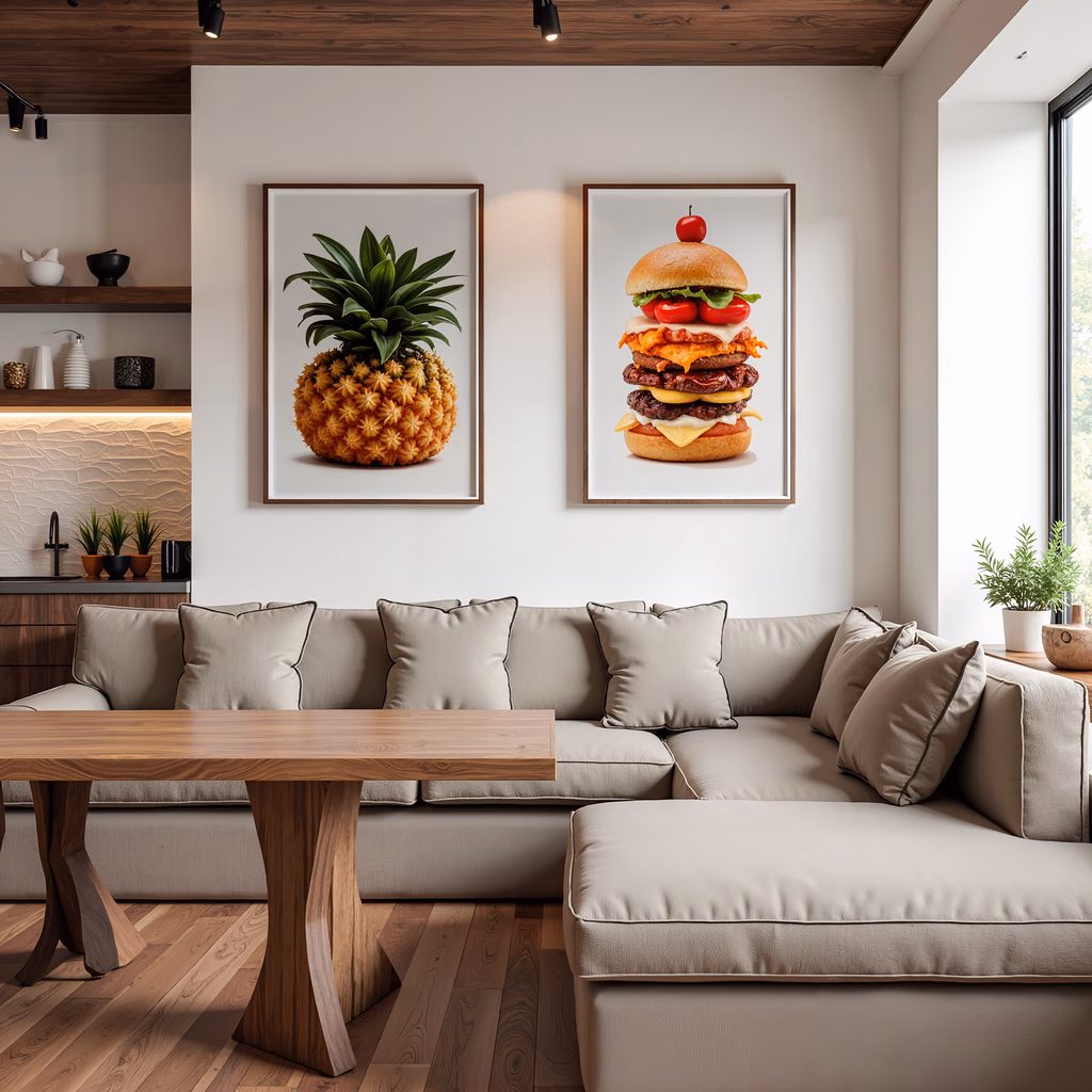 Modern living room with pineapple and burger artwork, minimalist design, warm tones.