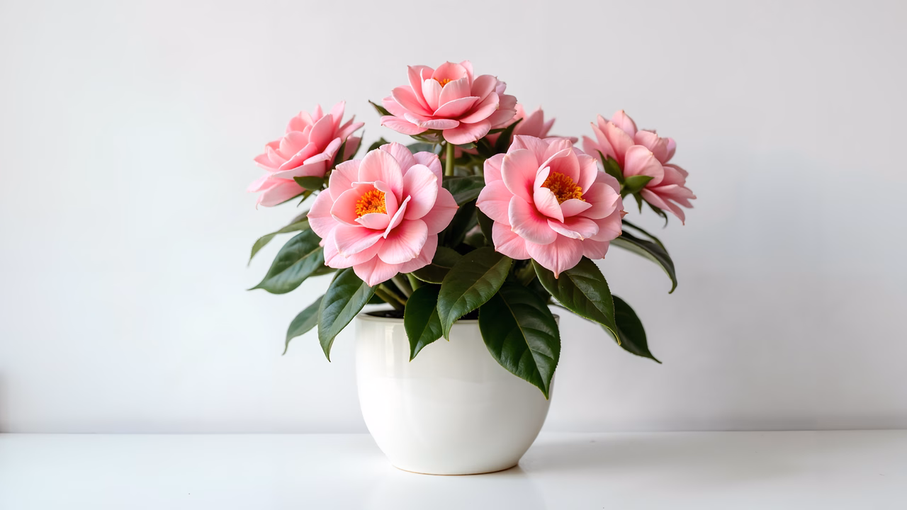 Elegant pink camellia bouquet in a white vase, tranquil floral arrangement.