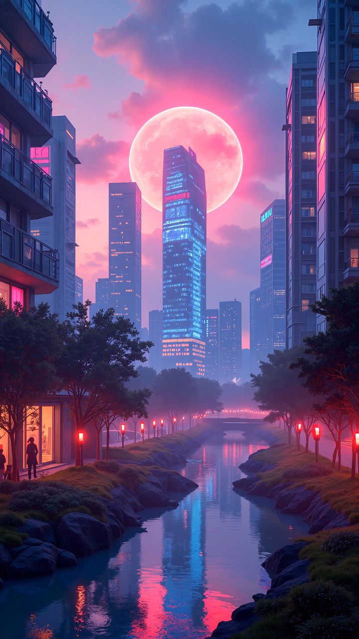 Futuristic cityscape with pink hues and glowing lights, evoking a dreamlike atmosphere.