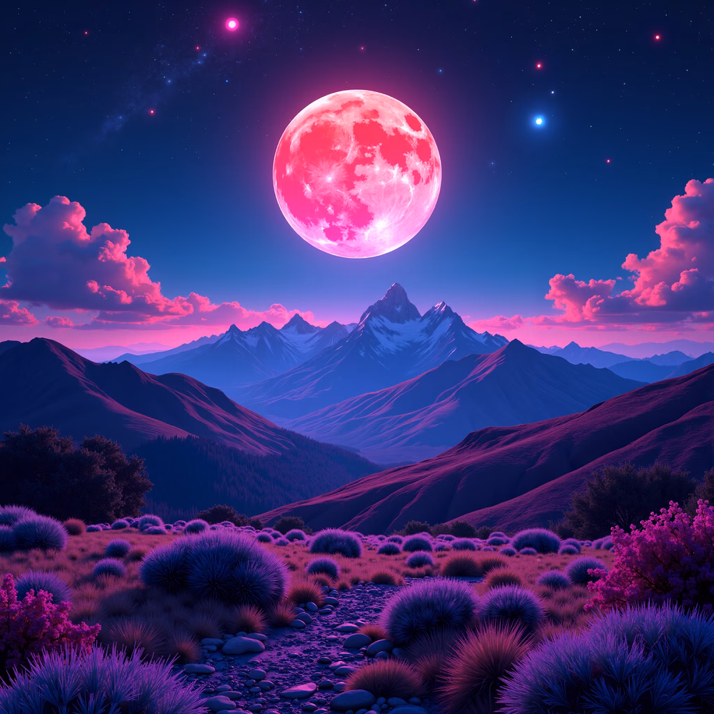 A mesmerizing pink moon illuminates a tranquil, purple-lit landscape under a starry sky.