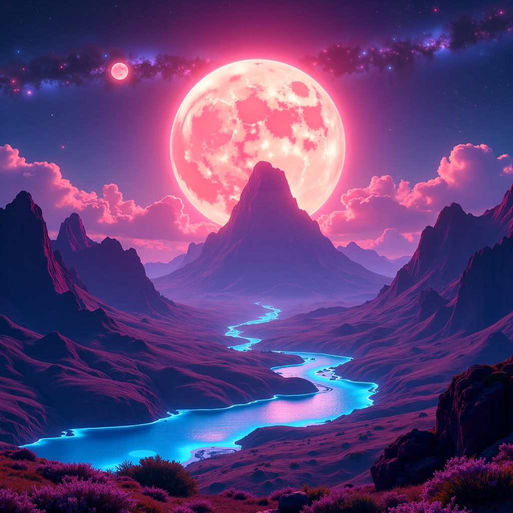 A mesmerizing pink moonlit landscape with a winding river and dramatic mountains.