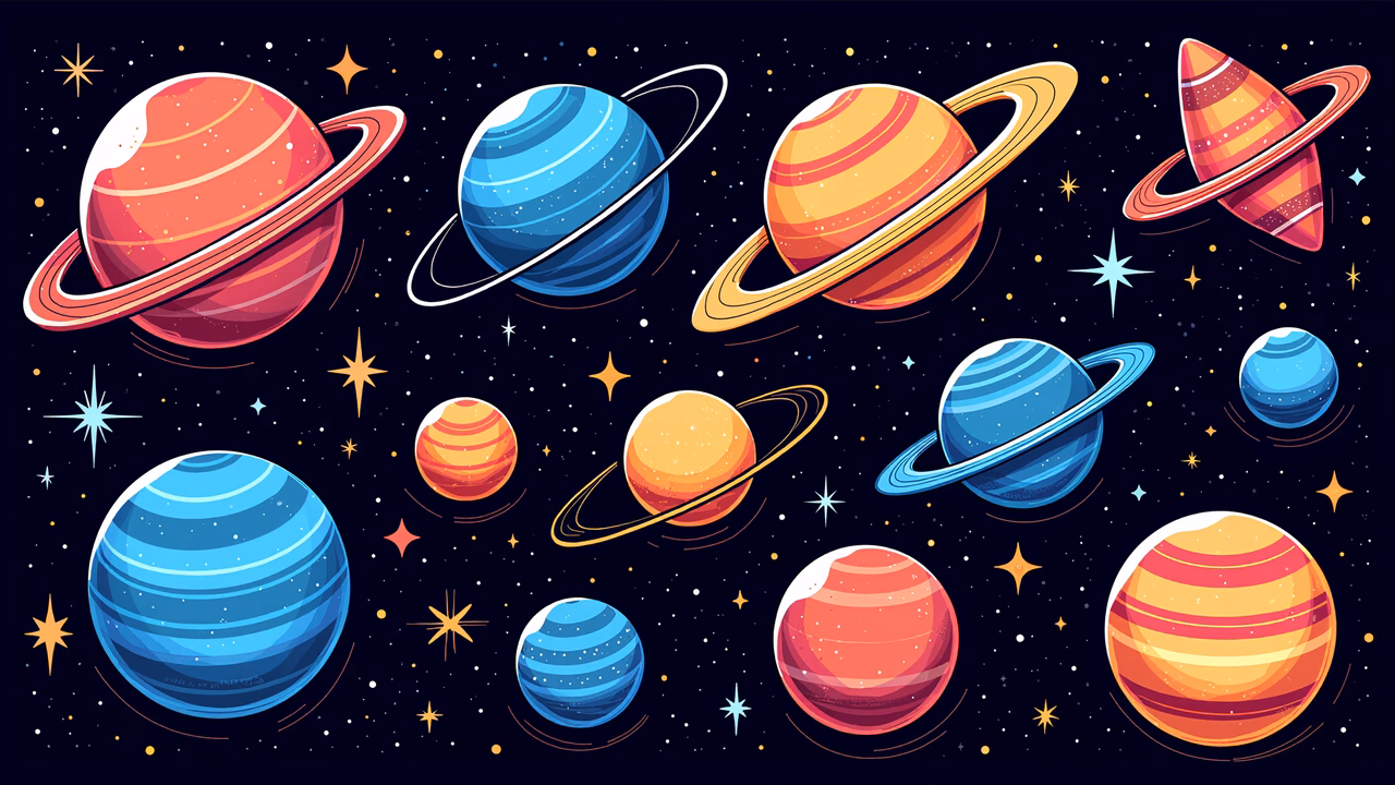 Vibrant and imaginative planetary illustrations with bold colors and detailed textures.