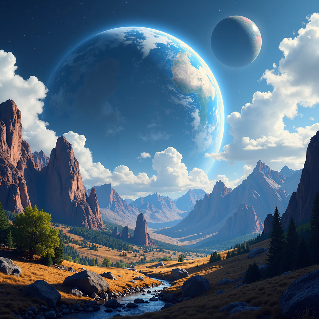 A tranquil planetary landscape with majestic mountains and celestial bodies in the sky.