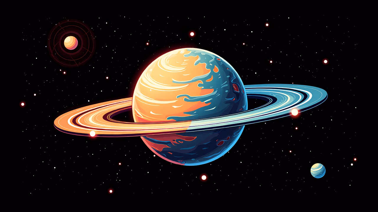Vibrant space art with swirling planets and colorful rings.