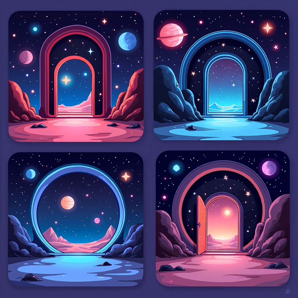 Four portals leading to different celestial landscapes, set against a starry night sky.