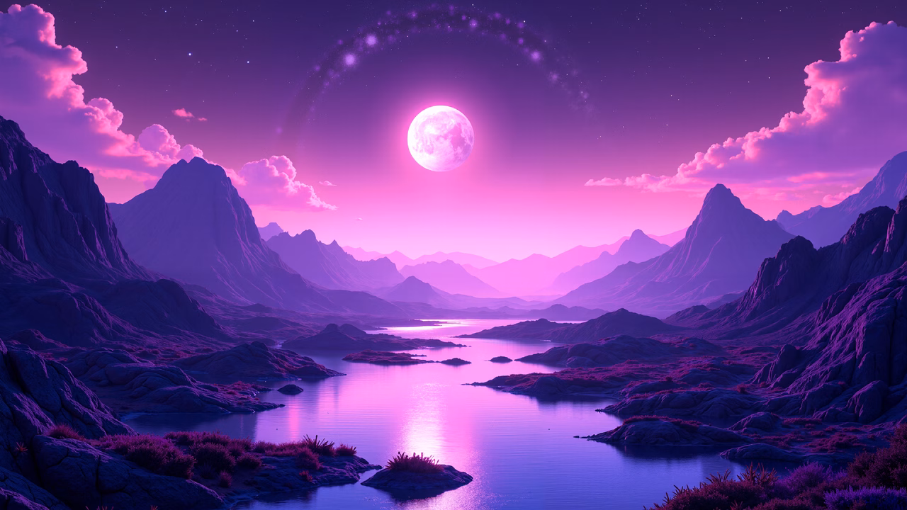 A mystical night scene with a full moon and purple hues, perfect for nature enthusiasts and dreamers alike.