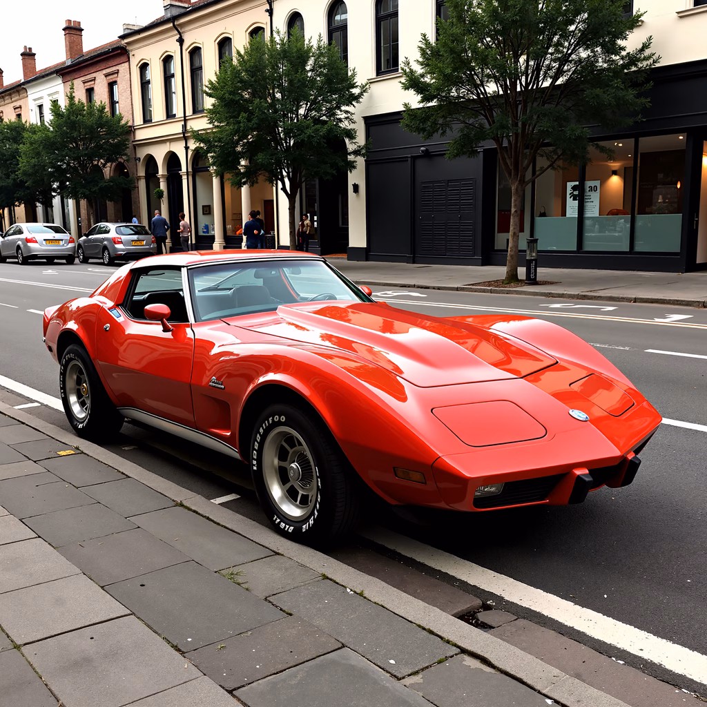 Classic red car parked on a serene urban street with historic architecture.
